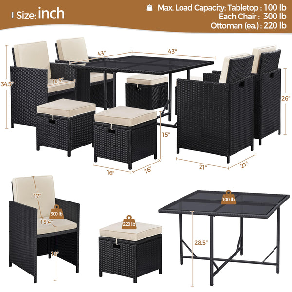 9-Piece Outdoor Patio Dining Set with Glass Table & Rattan Chairs