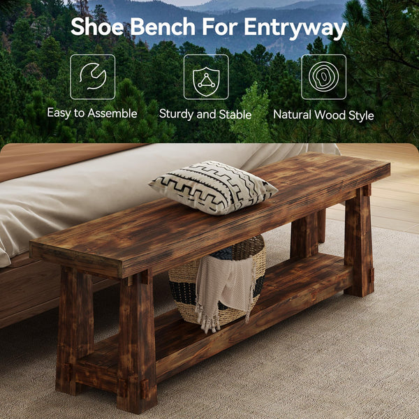 Solid Wood Entryway Bench with Shoe Storage Shelf