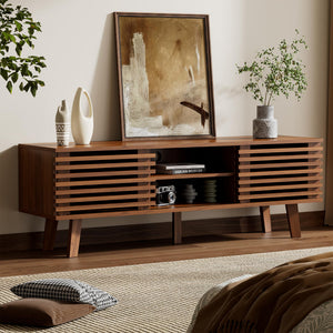 Furniway Mid Century Modern TV Stand for 50/55/60 inch TV, Entertainment Center with Storage & Sliding Door, Wood Media Console, TV Stand for Living Room, Bedroom, Walnut