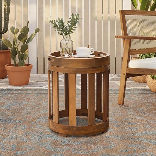 Acacia Wood Outdoor Side Table with Rope Weave