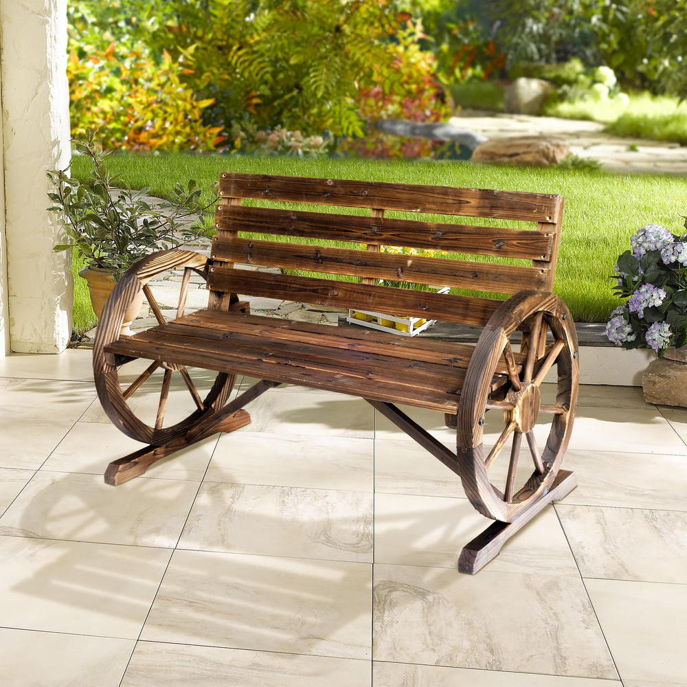 Rustic Wagon Wheel Outdoor Wood Bench – 2-Person Slatted Seat with Backrest