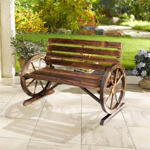 Rustic Wagon Wheel Outdoor Wood Bench – 2-Person Slatted Seat with Backrest