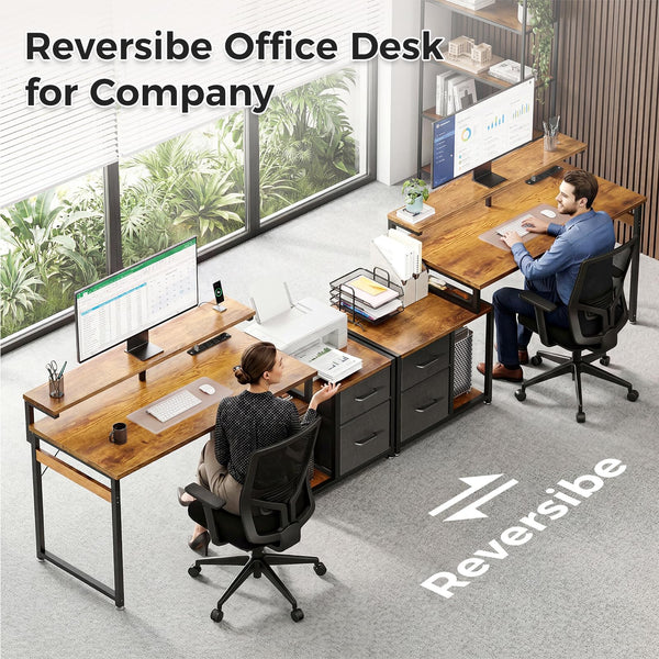 56-Inch Computer Desk with Printer Shelf, Drawers & USB Power Outlet