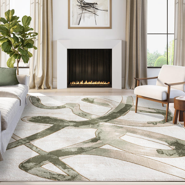 Abstract Graffiti Washable Area Rug – Beige Green