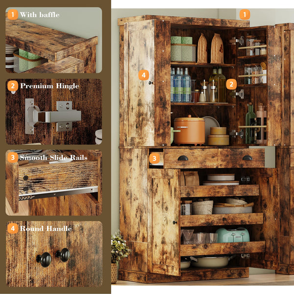 Kitchen Pantry Cabinet 72" Freestanding with Drawer & Sliding Racks