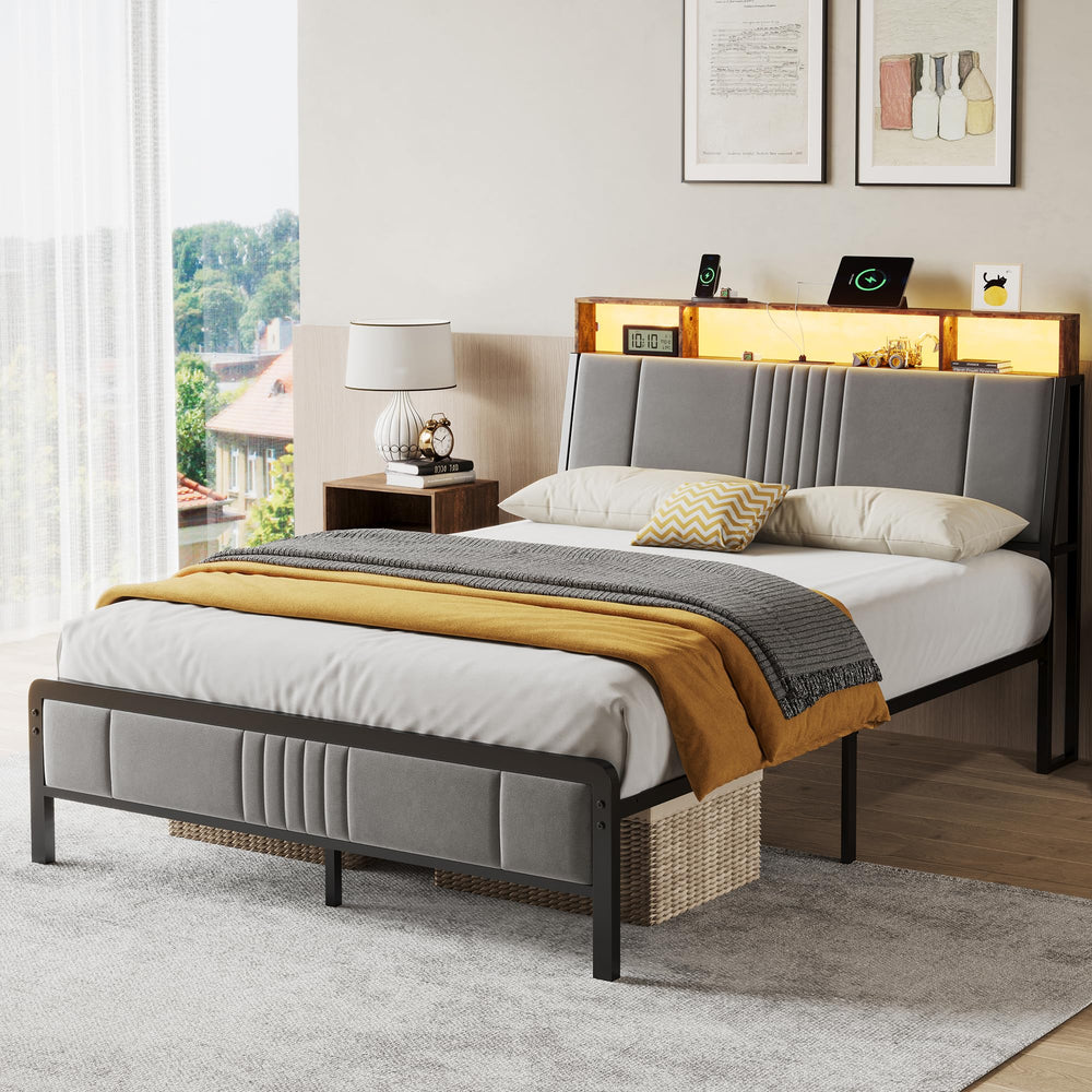 Upholstered Platform Bed Frame with LED Lights, Storage Headboard & Charging Station