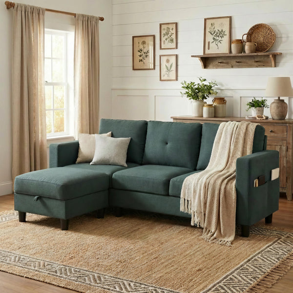 L-Shaped Sectional Sofa with Storage Ottoman | 3-Seat Linen Couch