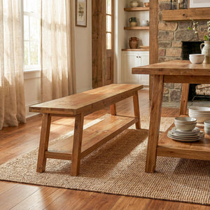 Solid Wood Farmhouse Dining Bench with Storage Shelf