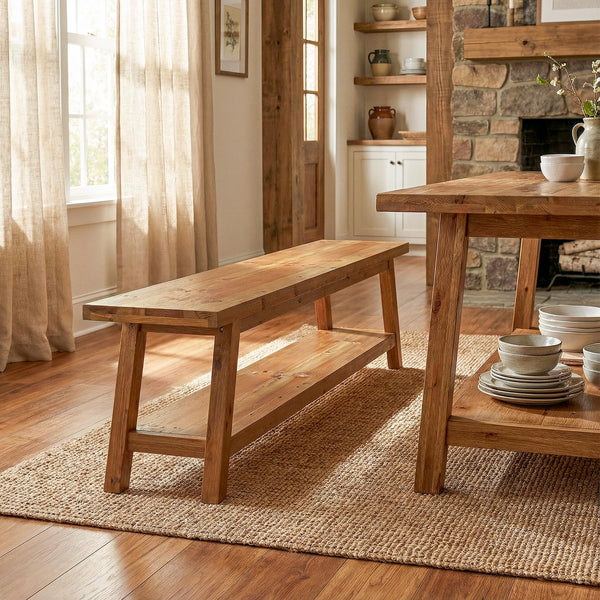 Solid Wood Farmhouse Dining Bench with Storage Shelf