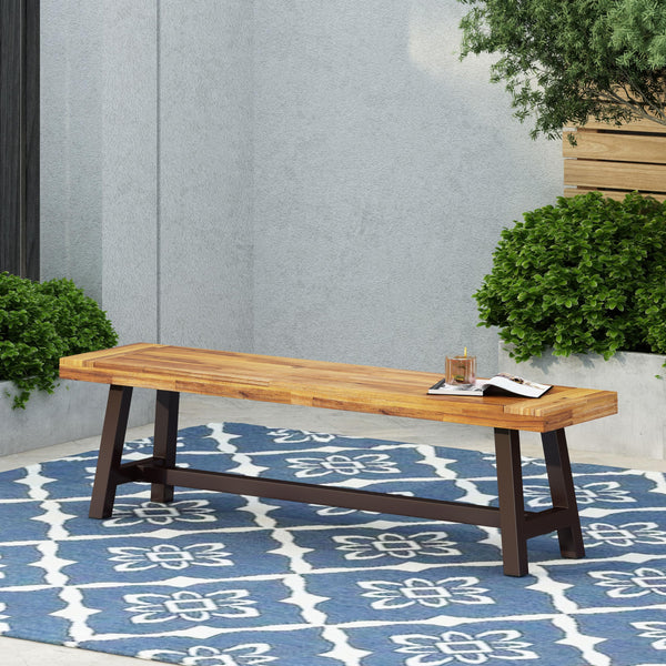 Outdoor Acacia Wood and Rustic Metal Bench