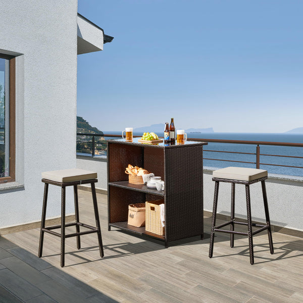 3-Piece Outdoor Patio Bar Set with Glass Top Table & Cushioned Stools