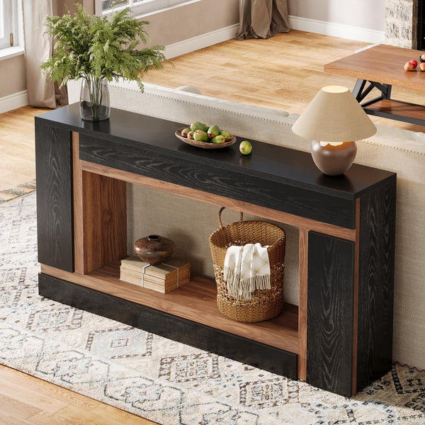 63-Inch 2-Tier Console Table – Black & Walnut