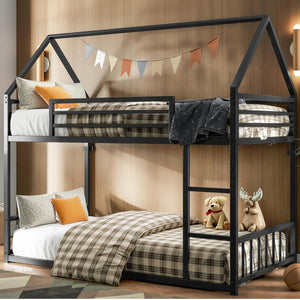 Twin Over Twin House Bunk Bed with Metal Frame, Ladder & Guardrail
