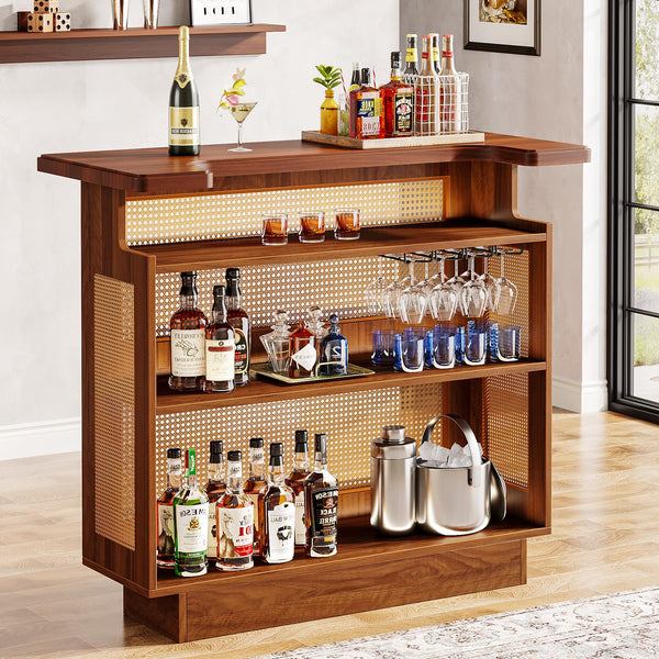 Farmhouse Rattan Bar Cabinet with Stemware Racks