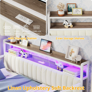 Daybed with Trundle, LED Lights & Charging Station – Metal Sofa Bed with Storage Shelves