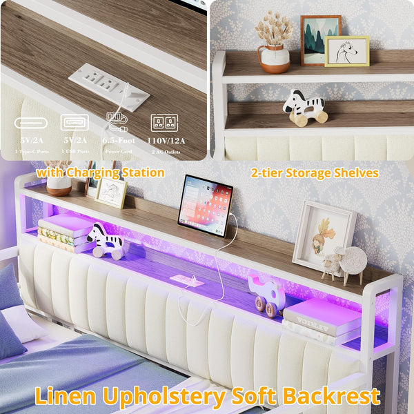 Daybed with Trundle, LED Lights & Charging Station – Metal Sofa Bed with Storage Shelves