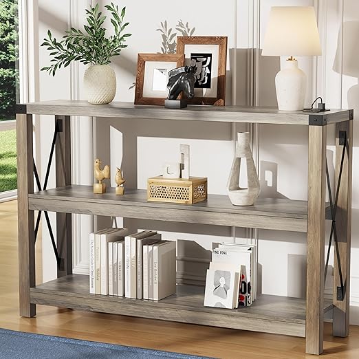 Entryway Console Table with Outlets, USB Ports & 3-Tier Open Shelves