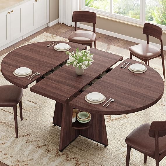 Extendable Dining Table, Round Kitchen Dining Room Dinner Table with for 4 6 8 People, Space Saving Modern Oval Expandale Furniture with Storage and Pedestal for Kitchen Living Room (Black)