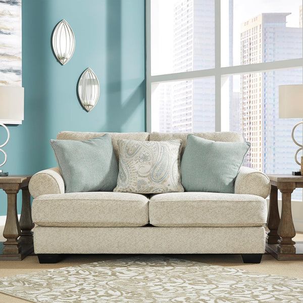 Beige Chenille Loveseat with Accent Pillows & Rolled Arms