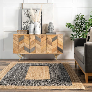 6' Round Black Geometric Cotton Jute Area Rug