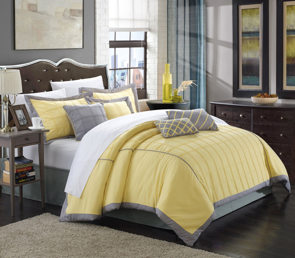 8-Piece Pintuck Color Block Comforter Set – Yellow Queen Bedding