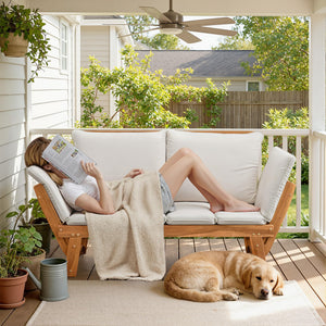 Acacia Wood Outdoor Loveseat with Adjustable Armrests & Cushions