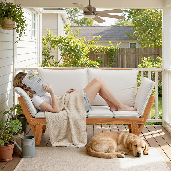 Acacia Wood Outdoor Loveseat with Adjustable Armrests & Cushions