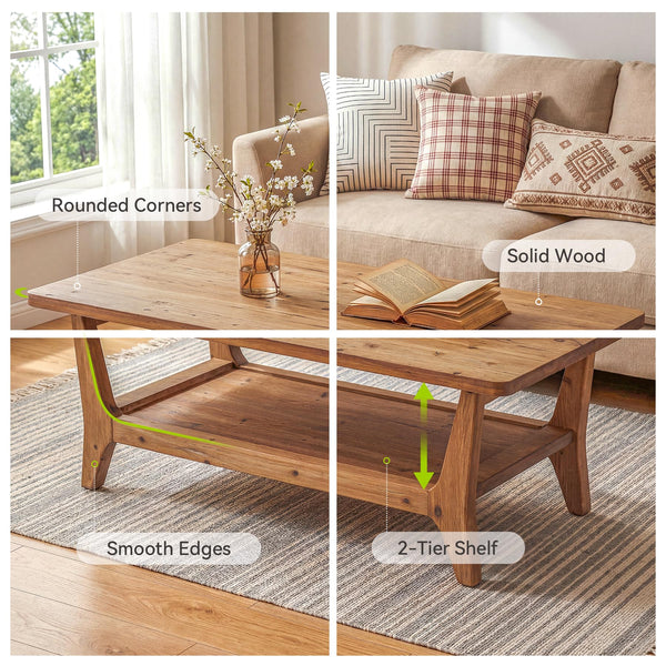 Solid Wood Coffee Table with 2-Tier Shelf & Rounded Corners