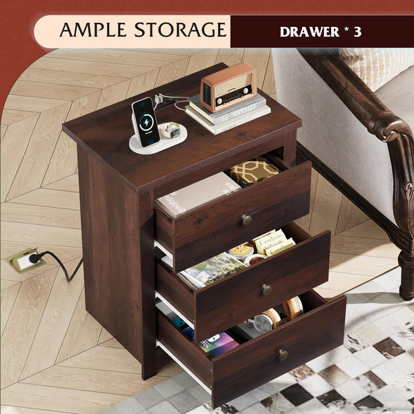 3-Drawer Nightstand with Charging Station & USB Ports