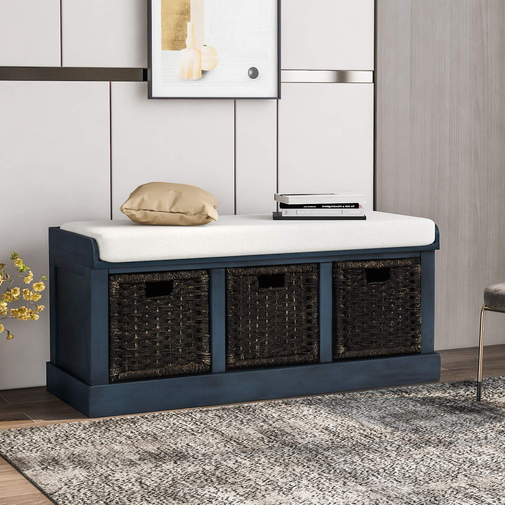 Farmhouse Entryway Storage Bench with Cushioned Seat & Rattan Drawers