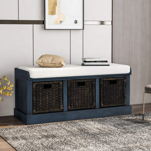 Farmhouse Entryway Storage Bench with Cushioned Seat & Rattan Drawers