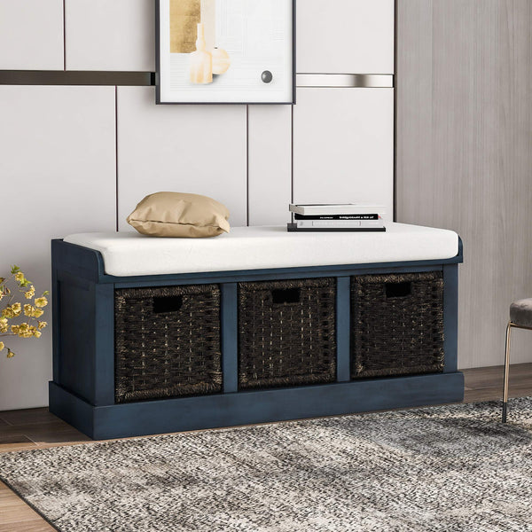 Farmhouse Entryway Storage Bench with Cushioned Seat & Rattan Drawers