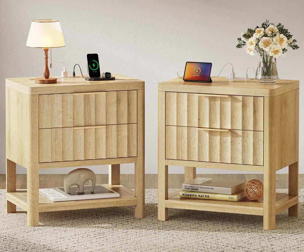 Tall Nightstand with Charging Station, USB-C Port, 2 Deep Drawers and Open Shelf – Set of 2