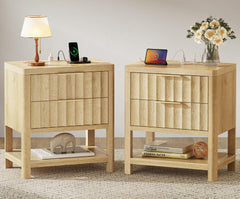 Tall Nightstand with Charging Station, USB-C Port, 2 Deep Drawers and Open Shelf – Set of 2