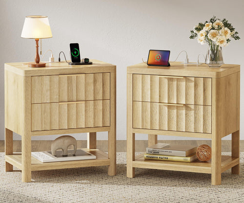 Tall Nightstand with Charging Station, USB-C Port, 2 Deep Drawers and Open Shelf – Set of 2