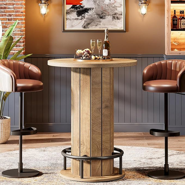 Round Farmhouse Bar Table with Wood Fence Base & Metal Footrest