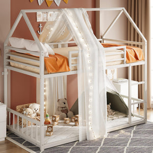 Twin XL Over Twin XL Metal Bunk Bed – House Shaped with Ladder & Guardrail