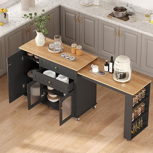 Extendable Rolling Kitchen Island with Storage Cabinet, Drawers & Shelves