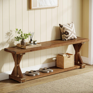 59-Inch Solid Wood Entryway Bench with Open Shelf