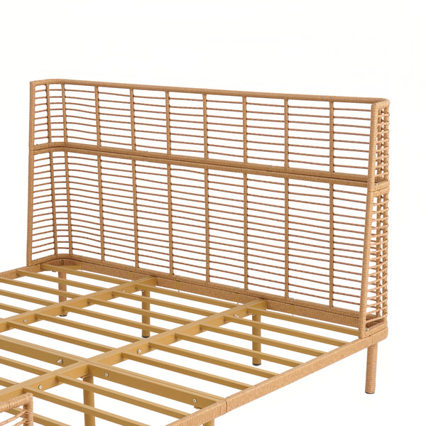 Boho Rattan Platform Bed Frame with Wingback Headboard