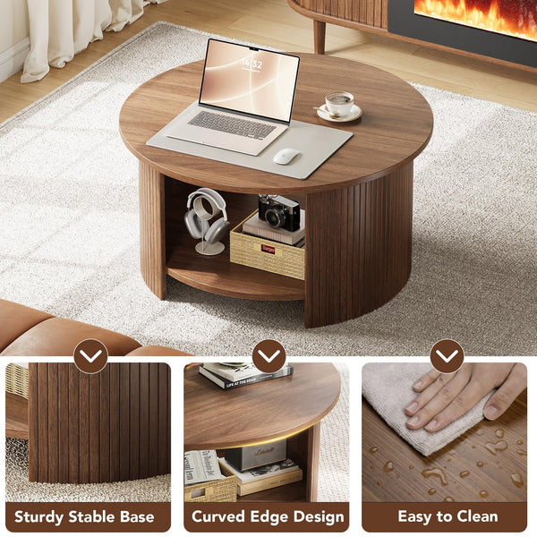 Round Coffee Table with Storage Shelf & Fluted Design