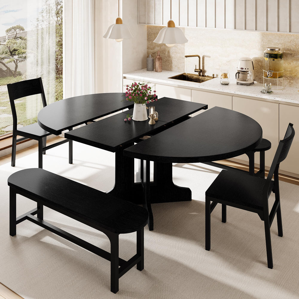 5-Piece Extendable Round Dining Table Set with Chairs and Benches