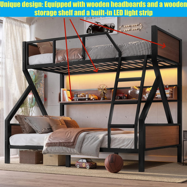 Metal Bunk Bed with LED Light & Storage Shelf