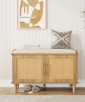 Rattan Shoe Storage Bench with Cushion & Adjustable Shelves
