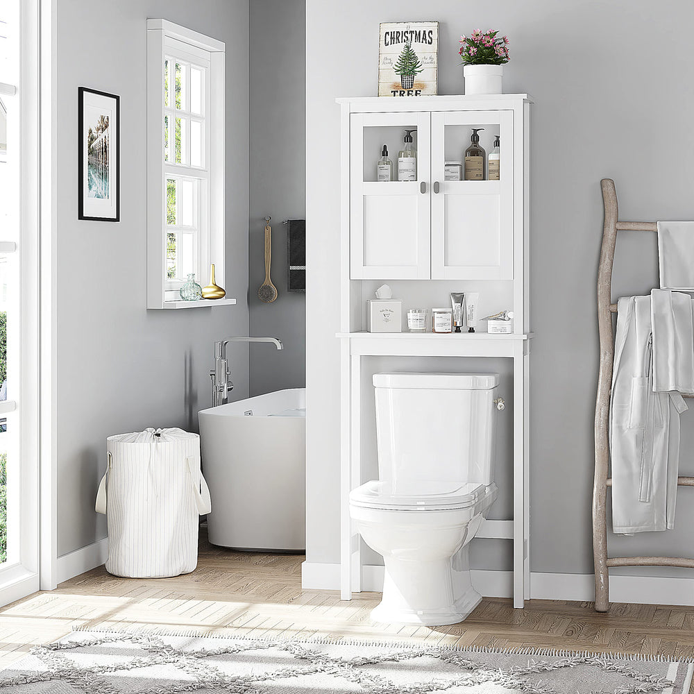 Over-Toilet Bathroom Storage Cabinet with Glass Doors & Adjustable Shelves