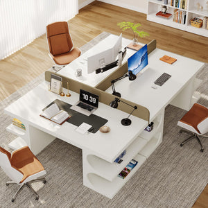 63-Inch White Executive Office Desk with Storage Shelves