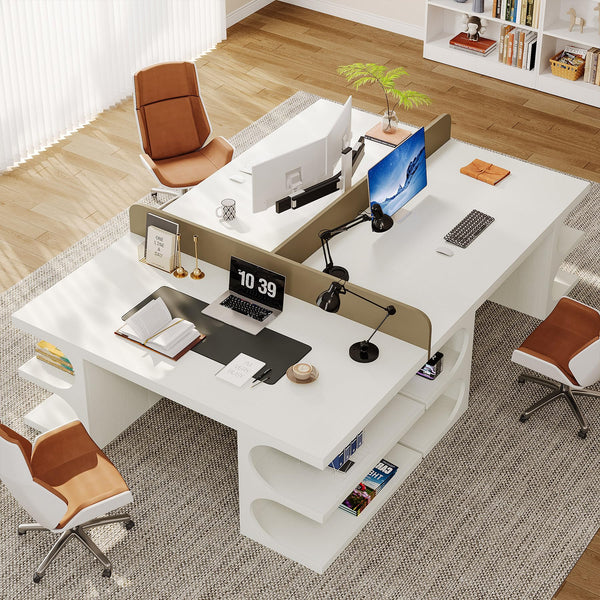 63-Inch White Executive Office Desk with Storage Shelves