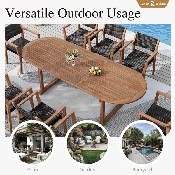9-Piece Expandable Acacia Wood Patio Dining Set with Rattan Chairs