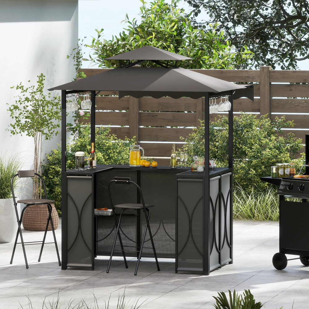 Outdoor Grill Gazebo Bar Set with Awning & 2 Foldable Bar Stools