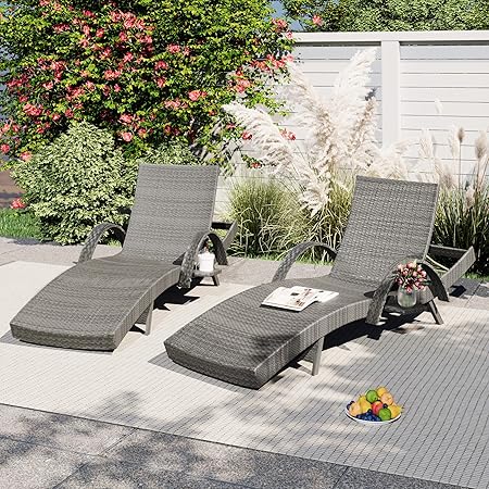 Outdoor Reclining Chaise Lounge Set of 2 with Pull-Out Side Table
